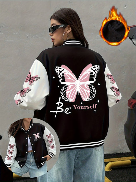 Women's Vintage Pink Butterfly print Baseball Jacket