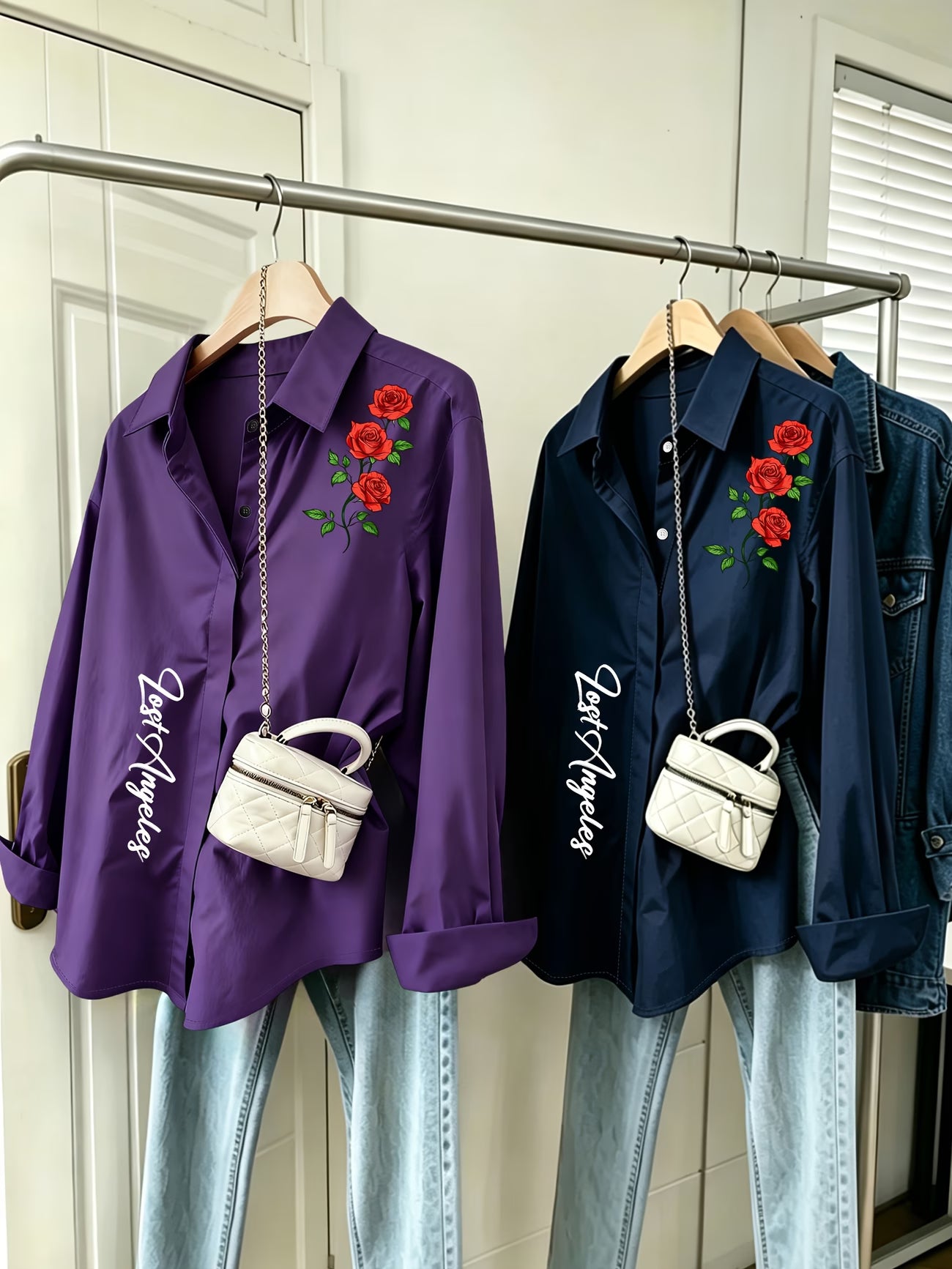 [2-Piece Set] Red Rose English Letter Button-Up Shirt