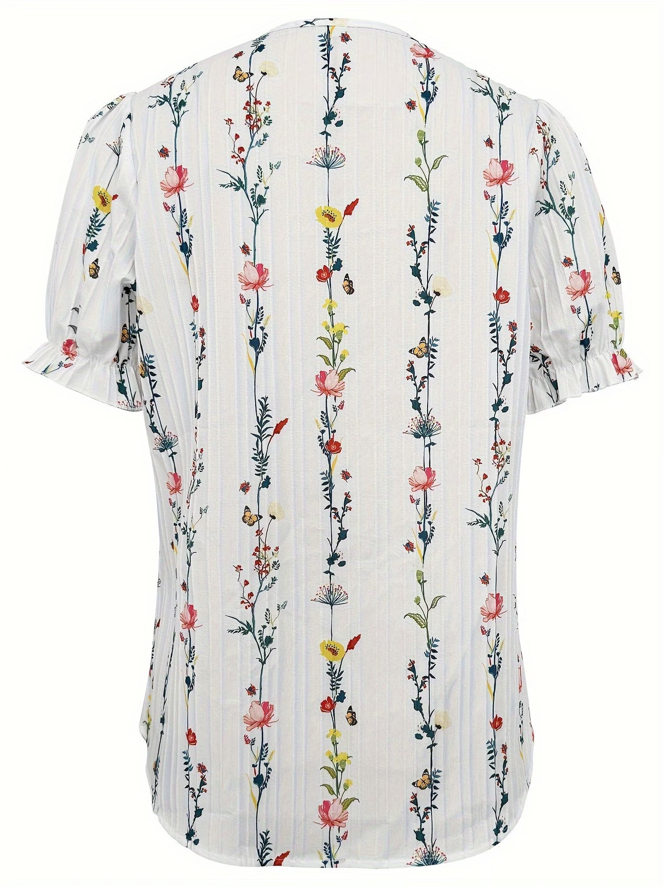 Women's Printed V-Neck Lace Trim Blouse – Short Sleeve