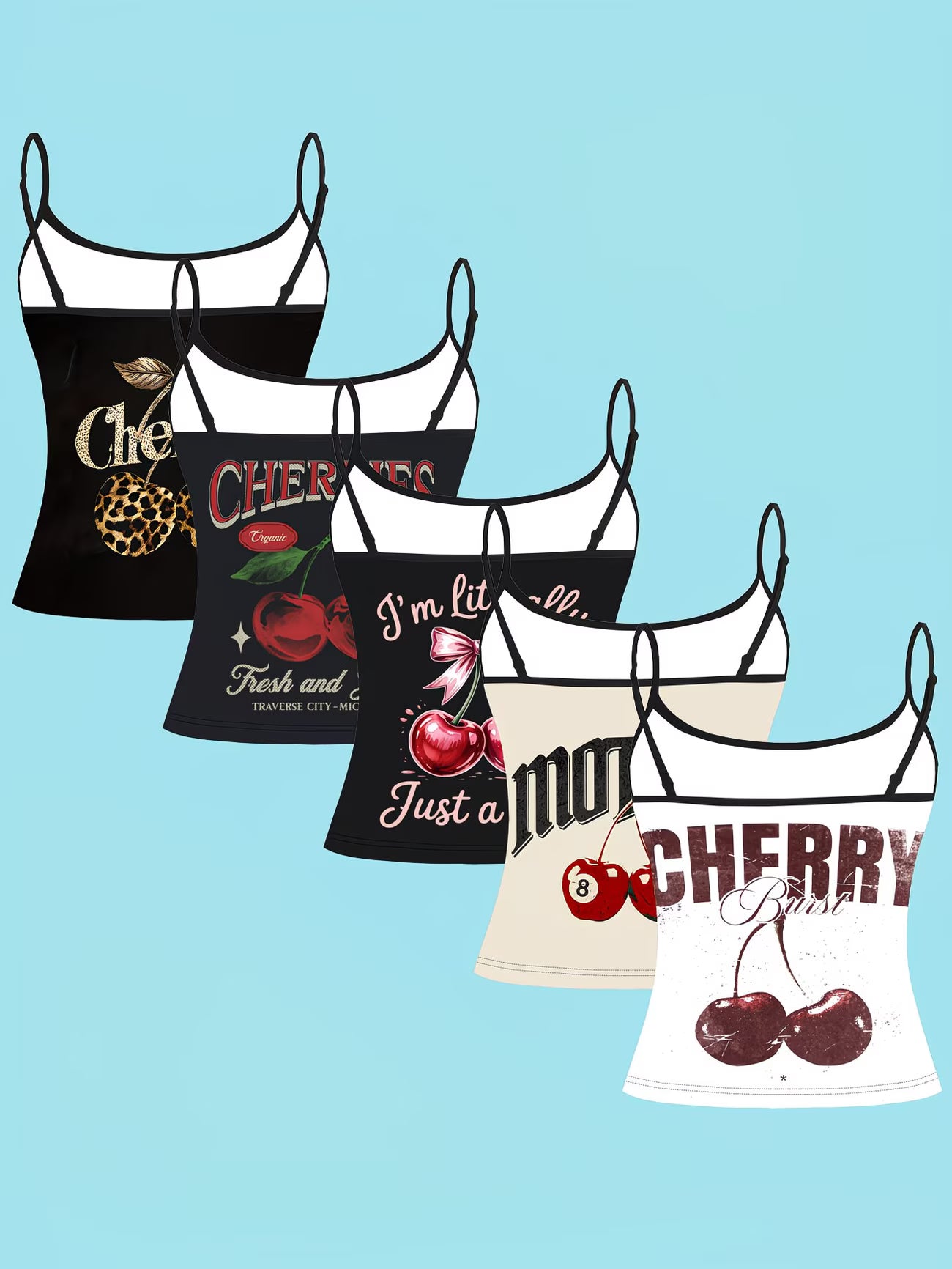 Vintage Cherry Slogan Print Camisole – 5-Piece Thin Strap Women's American Casual Top