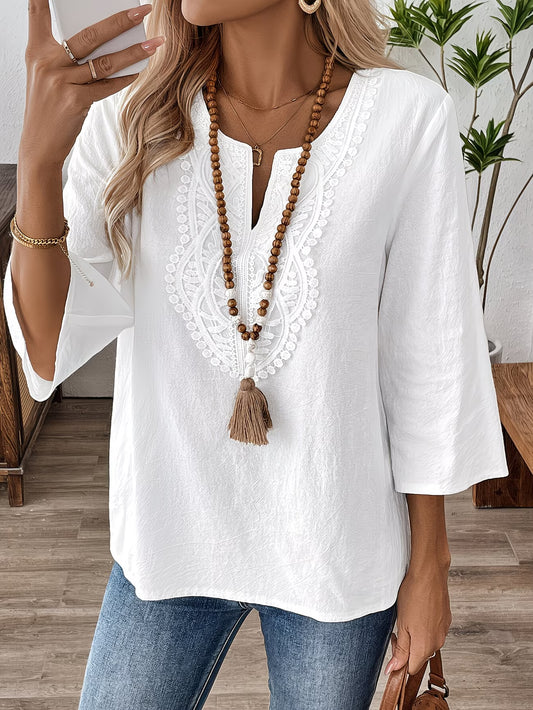 Women's Solid Colour V-Neck Three-Quarter Sleeve Shirt – Casual Vacation Top