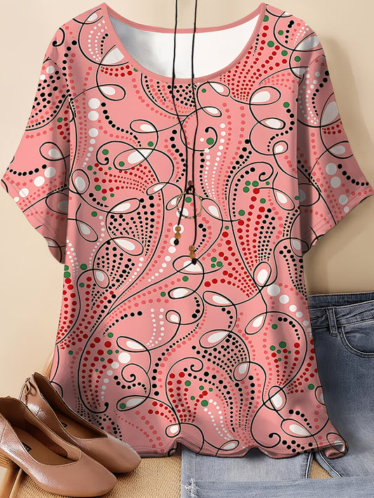 Women's Plus Size Pink Abstract Print T-Shirt — Loose Fit Casual Top