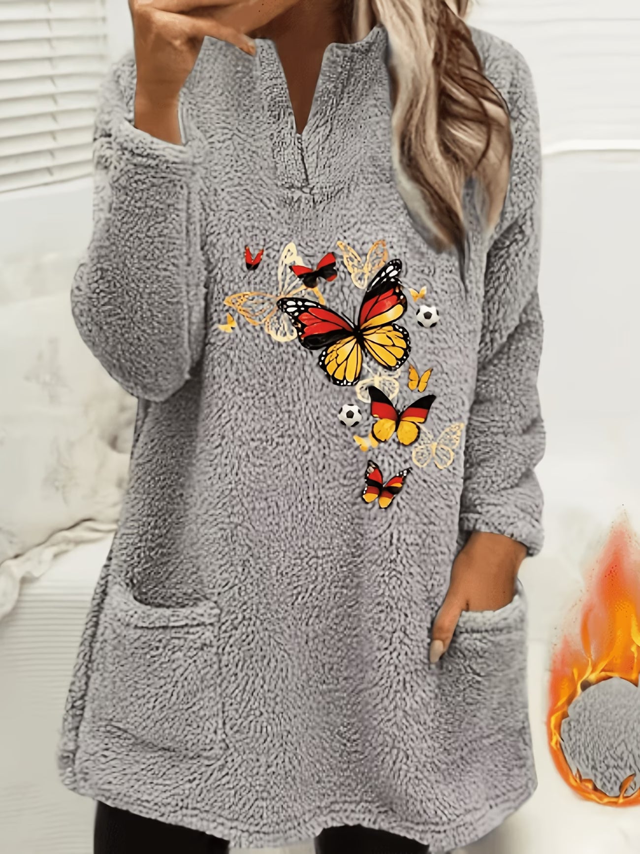 Butterfly Print Plush Pullover Sweatshirt – V-Neck Patchwork Fleece Top