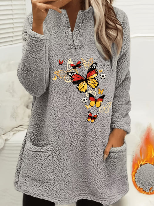 Butterfly Print Plush Pullover Sweatshirt – V-Neck Patchwork Fleece Top