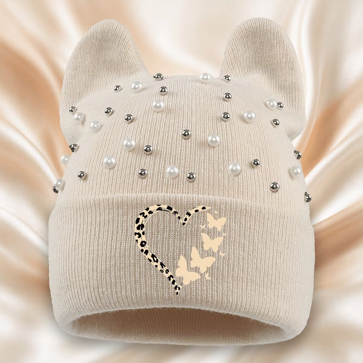 Leopard Print Cat-Ear Beanie with Heart & Butterfly Details