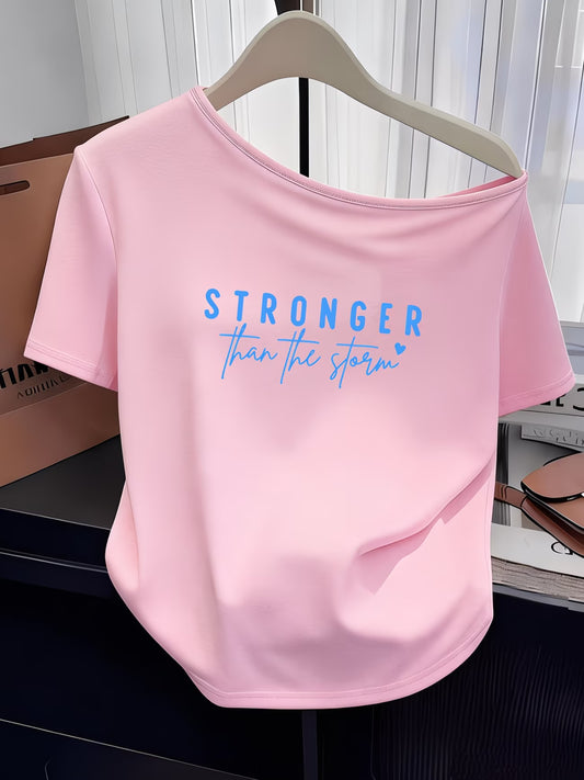 Women's Y2K Off-Shoulder Tee – "Stronger Than The Storm" Slogan Print