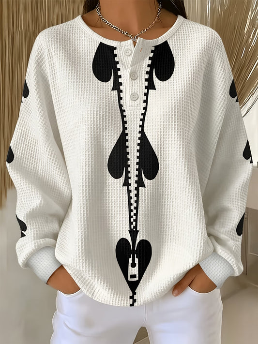 Women’s White & Black Sweatshirt with Heart & Bow Print