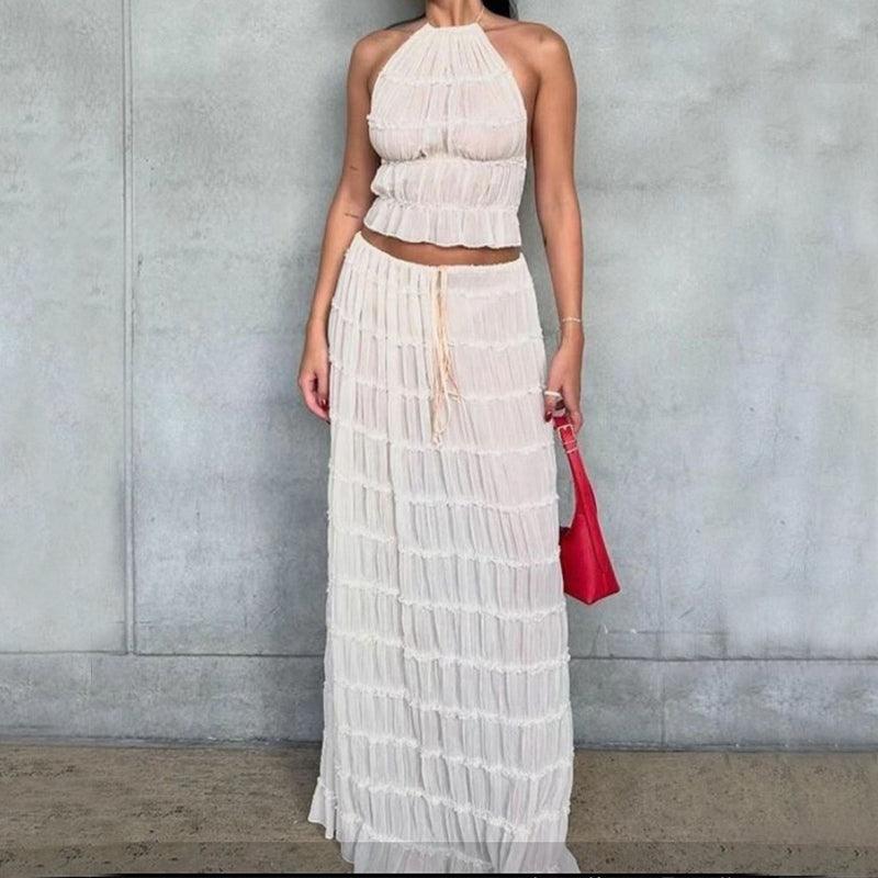 2pcs Women Sleeveless Backless Halter Top And Pleated Long Skirt Beach Outfit