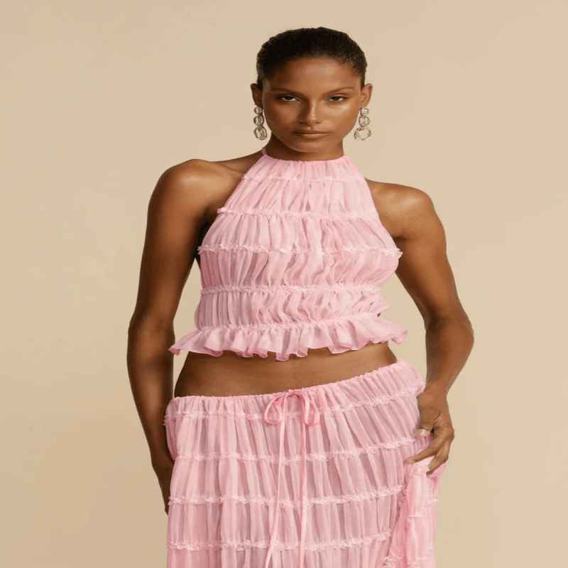 2pcs Women Sleeveless Backless Halter Top And Pleated Long Skirt Beach Outfit