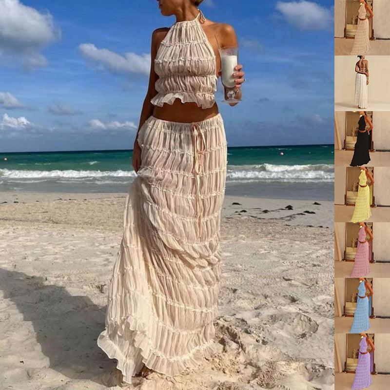 2pcs Women Sleeveless Backless Halter Top And Pleated Long Skirt Beach Outfit