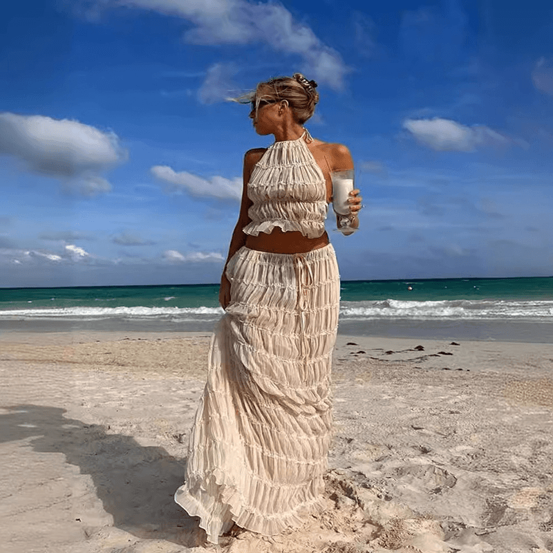 2pcs Women Sleeveless Backless Halter Top And Pleated Long Skirt Beach Outfit