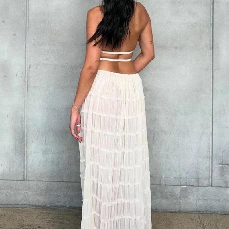 2pcs Women Sleeveless Backless Halter Top And Pleated Long Skirt Beach Outfit