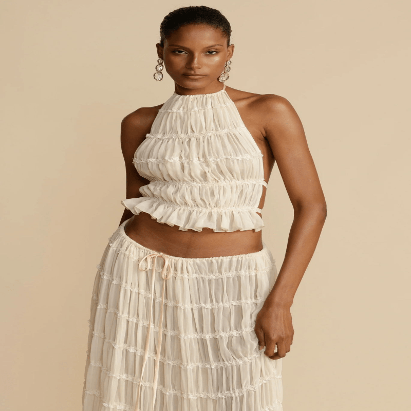 2pcs Women Sleeveless Backless Halter Top And Pleated Long Skirt Beach Outfit