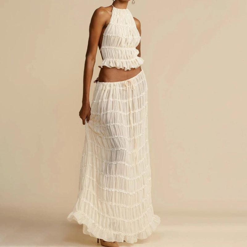 2pcs Women Sleeveless Backless Halter Top And Pleated Long Skirt Beach Outfit