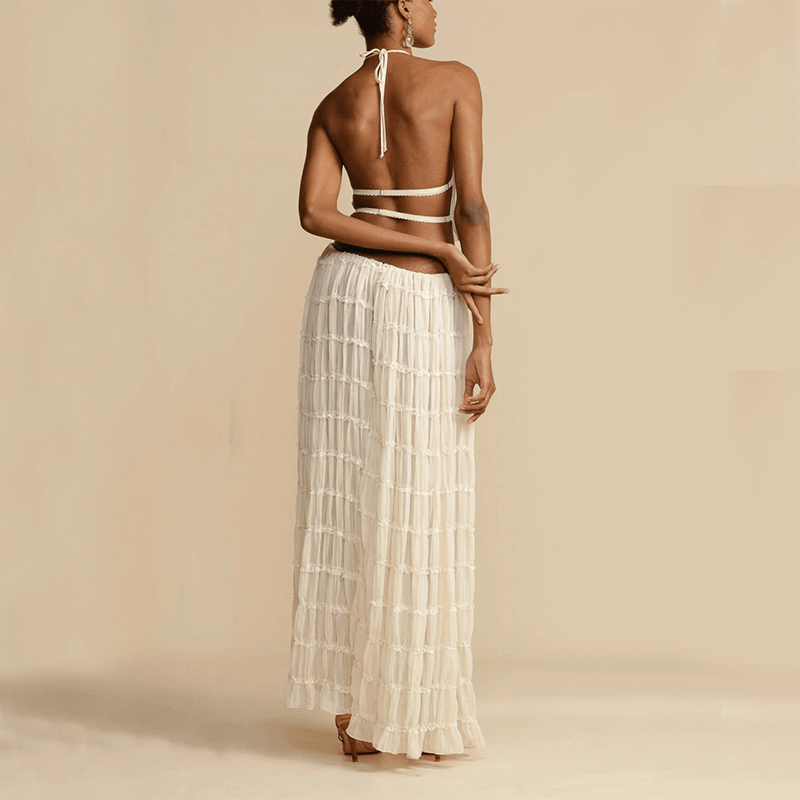 2pcs Women Sleeveless Backless Halter Top And Pleated Long Skirt Beach Outfit