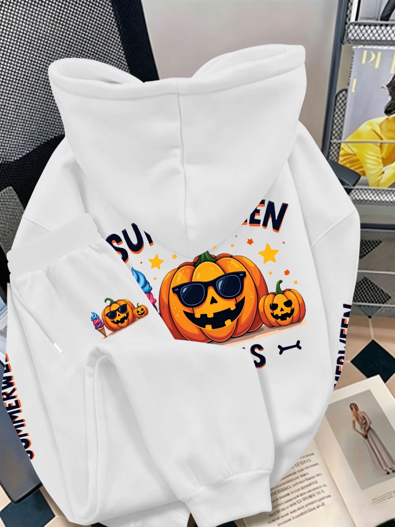 Plus Size Halloween Hooded Sweatshirt Set — Cool Pumpkin in Sunglasses Triple Back Print