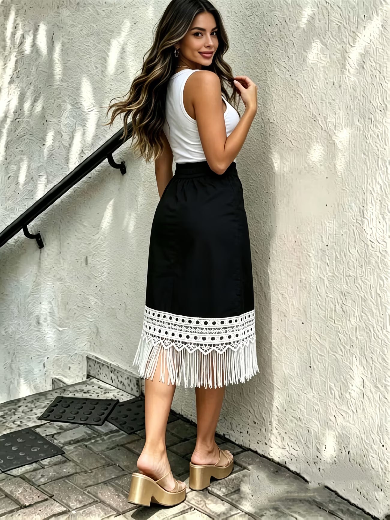 Women's White Lace Tassel Split Midi Skirt — High-Waist A-Line