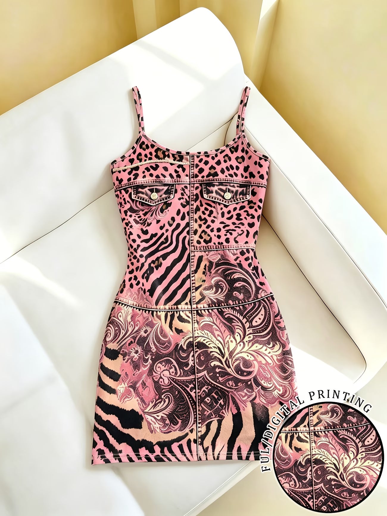 Pink Leopard Print Faux Denim Waist-Cinching A-Line Camisole Dress