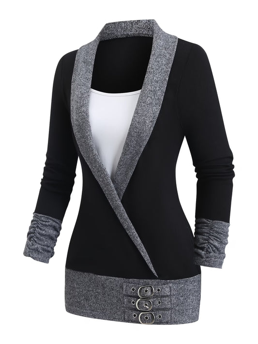 Women'S Vintage Color-Blocked Long-Sleeve Top