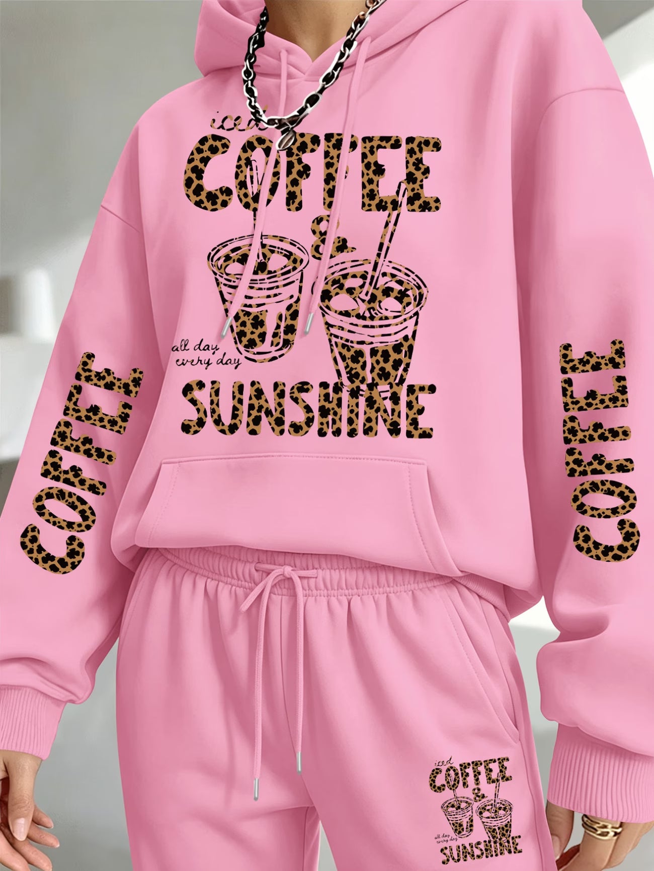 Women's 'Coffee & Sunshine' Leopard Print Hoodie & Jogger Set