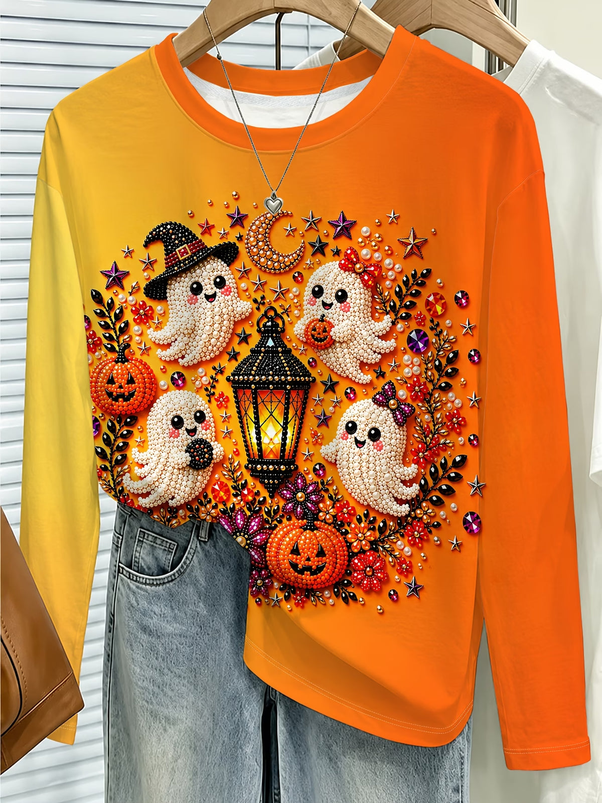 Women's Halloween Pumpkin & Faux Pearl Print Long Sleeve Top