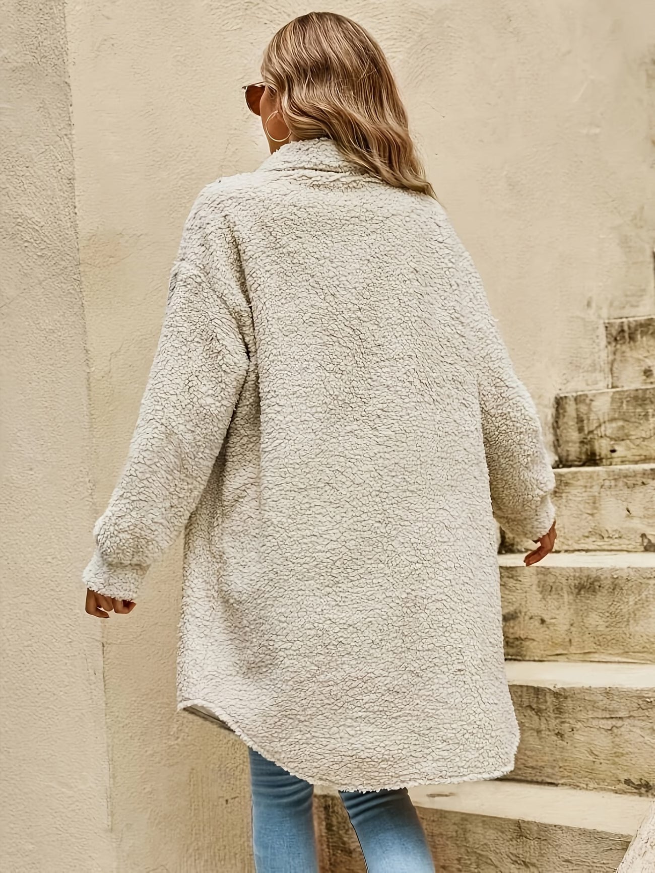 Drop-Shoulder Flip-Lapel Teddy Coat