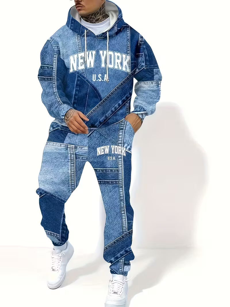 fashion letter/denim effect hooded sweatshirt and sweatpants two-piece