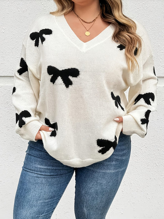 Plus Size White Pullover with Bow Jacquard