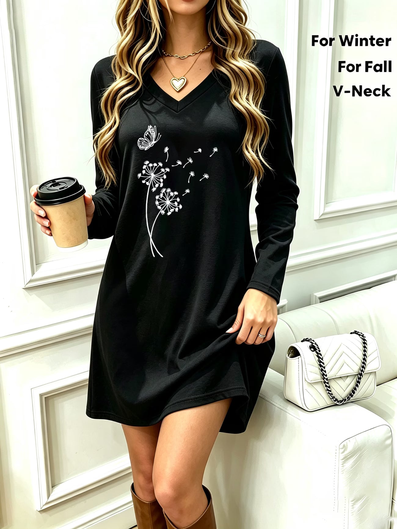Autumn New Large Size Women's Butterfly Dandelion Print V-Neck Long Sleeve Dress