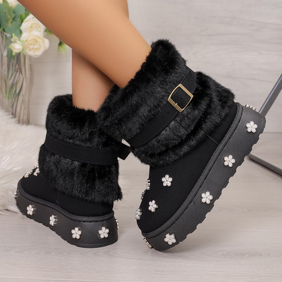 Women's Platform Snow Boots with Rhinestone Floral Buckle