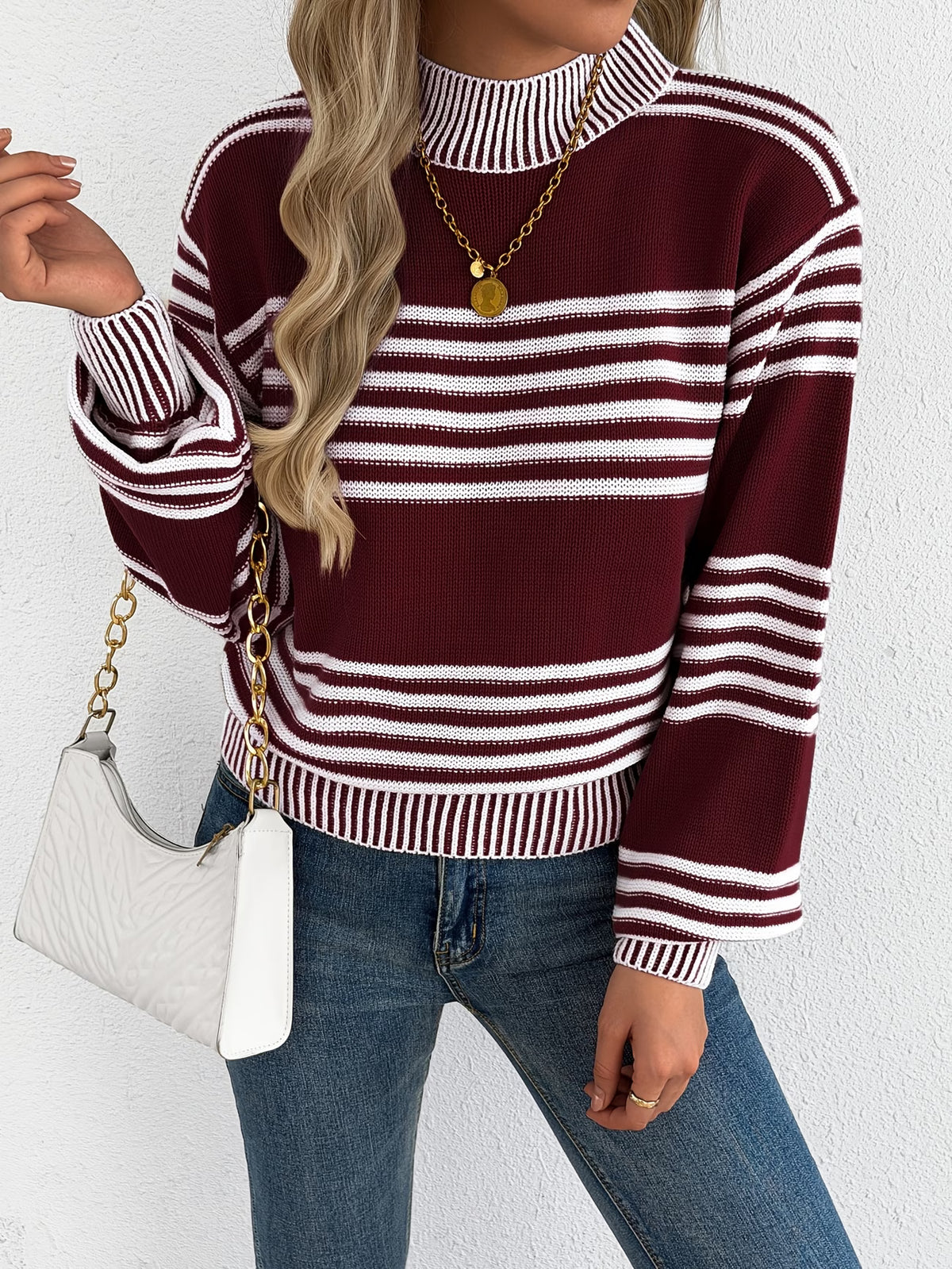 Contrast Stripe Lantern Sleeve Pullover Sweater