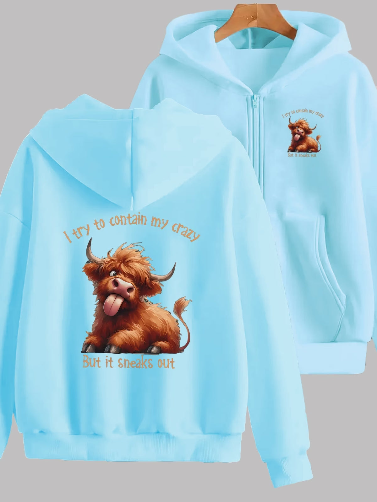 2-Pattern Cartoon Cow Print Y2K Zippered Hoodie with Hat