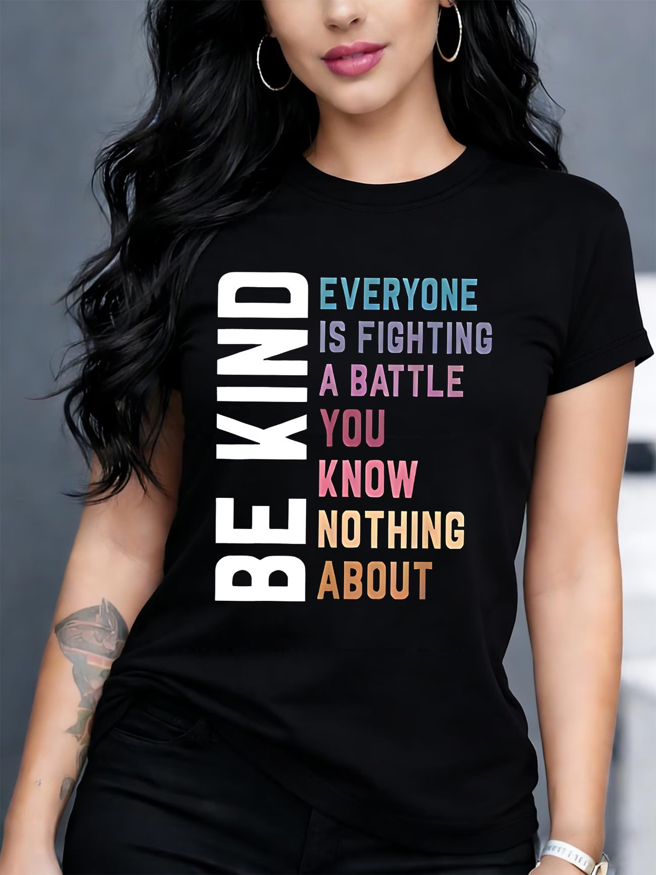 Women's "Be Kind" Letter Print T-Shirt — Crew Neck