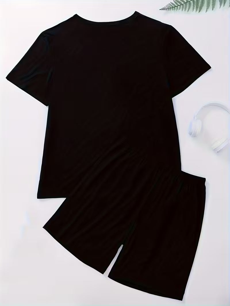 2pcs Men'S Pajama Set - Black Geometric Face Design Short Sleeve & Shorts,