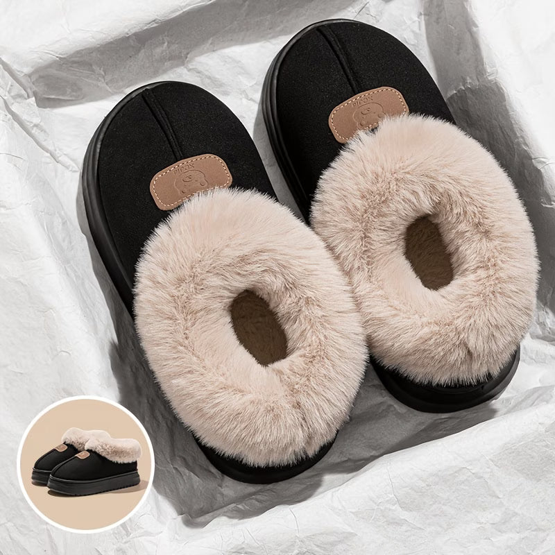 Unisex Winter Warm Shoes – Fluffy Plush Collar, Bear Embellishment & Cushioned High Sole