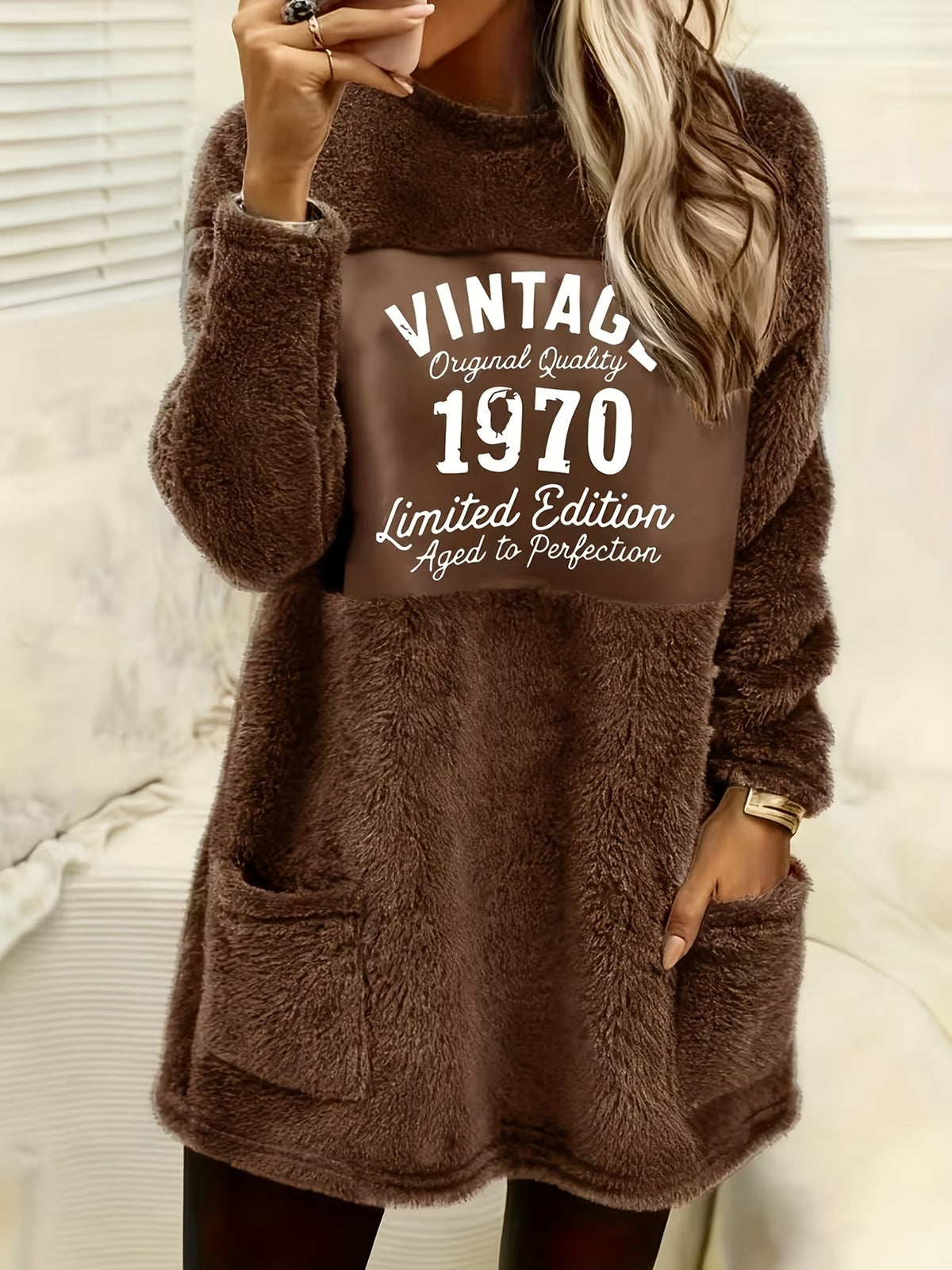 Women's Vintage Letter Print Plush Sweatshirt Dress