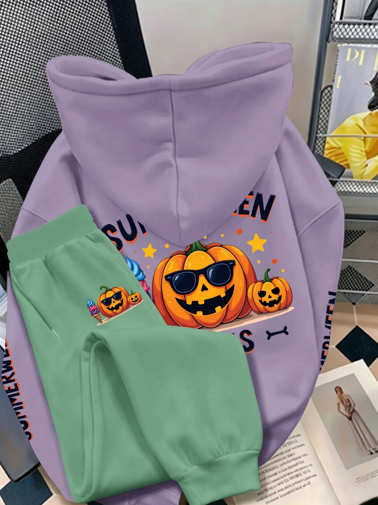 Plus Size Halloween Hooded Sweatshirt Set — Cool Pumpkin in Sunglasses Triple Back Print
