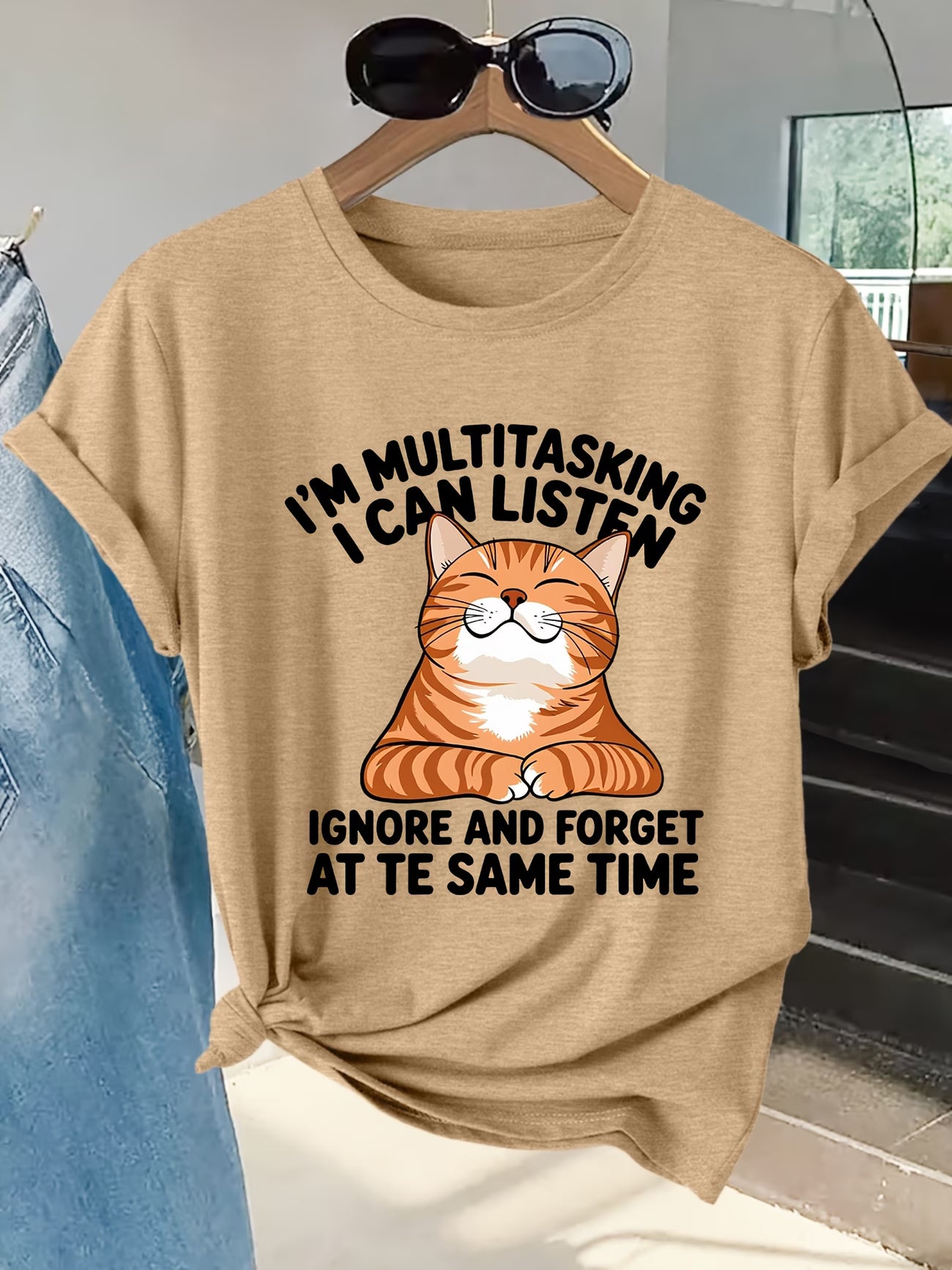 Women's Playful Orange Cat Print Graphic Tee | Short-Sleeve T-Shirt