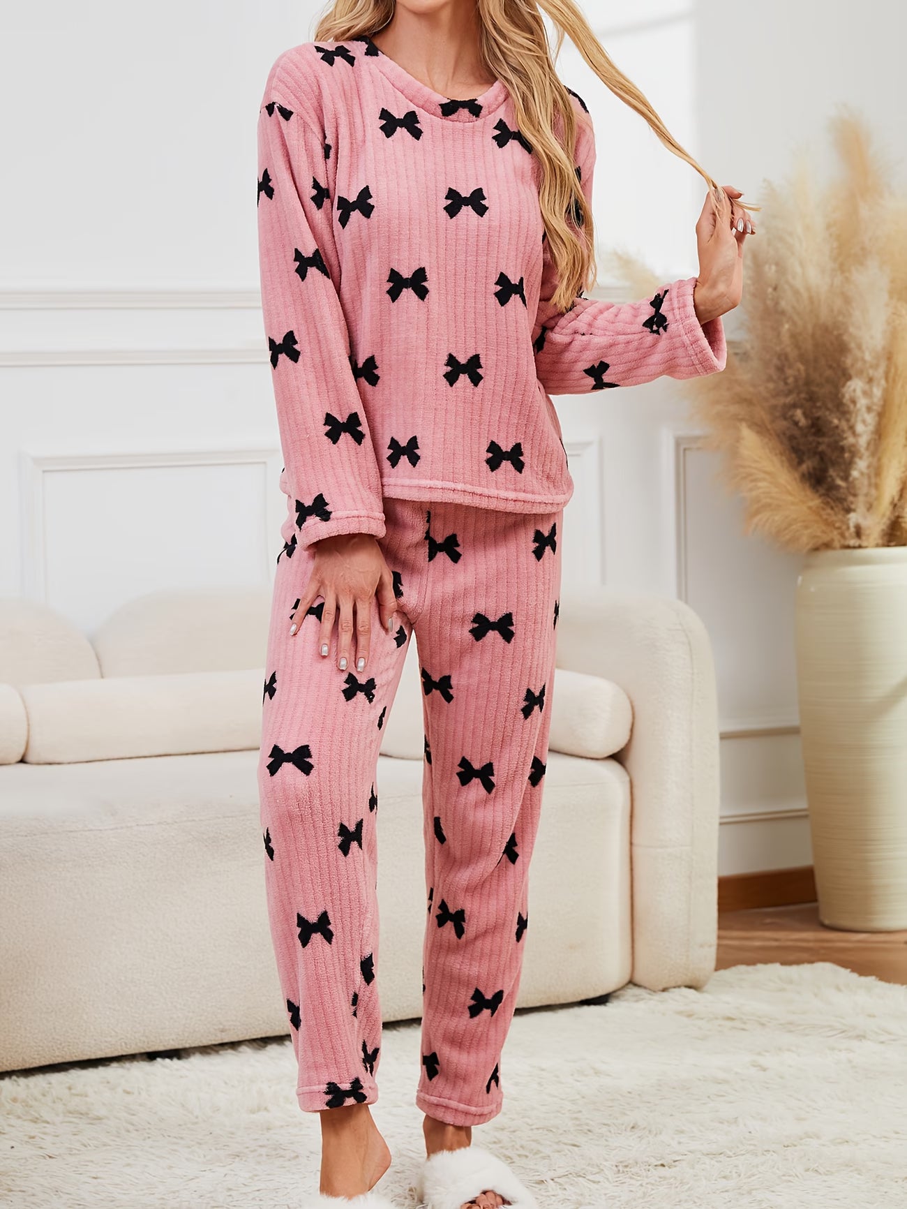Women's Bow Two-Piece Lined Winter Homewear Set