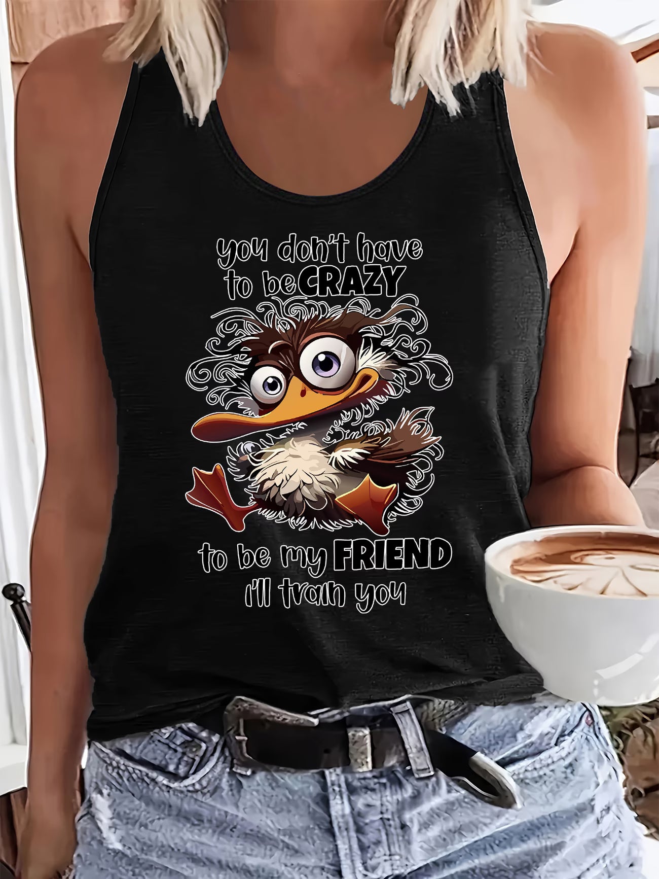 Fun Cartoon Duck Print Sleeveless Vest | Casual Trendy Top