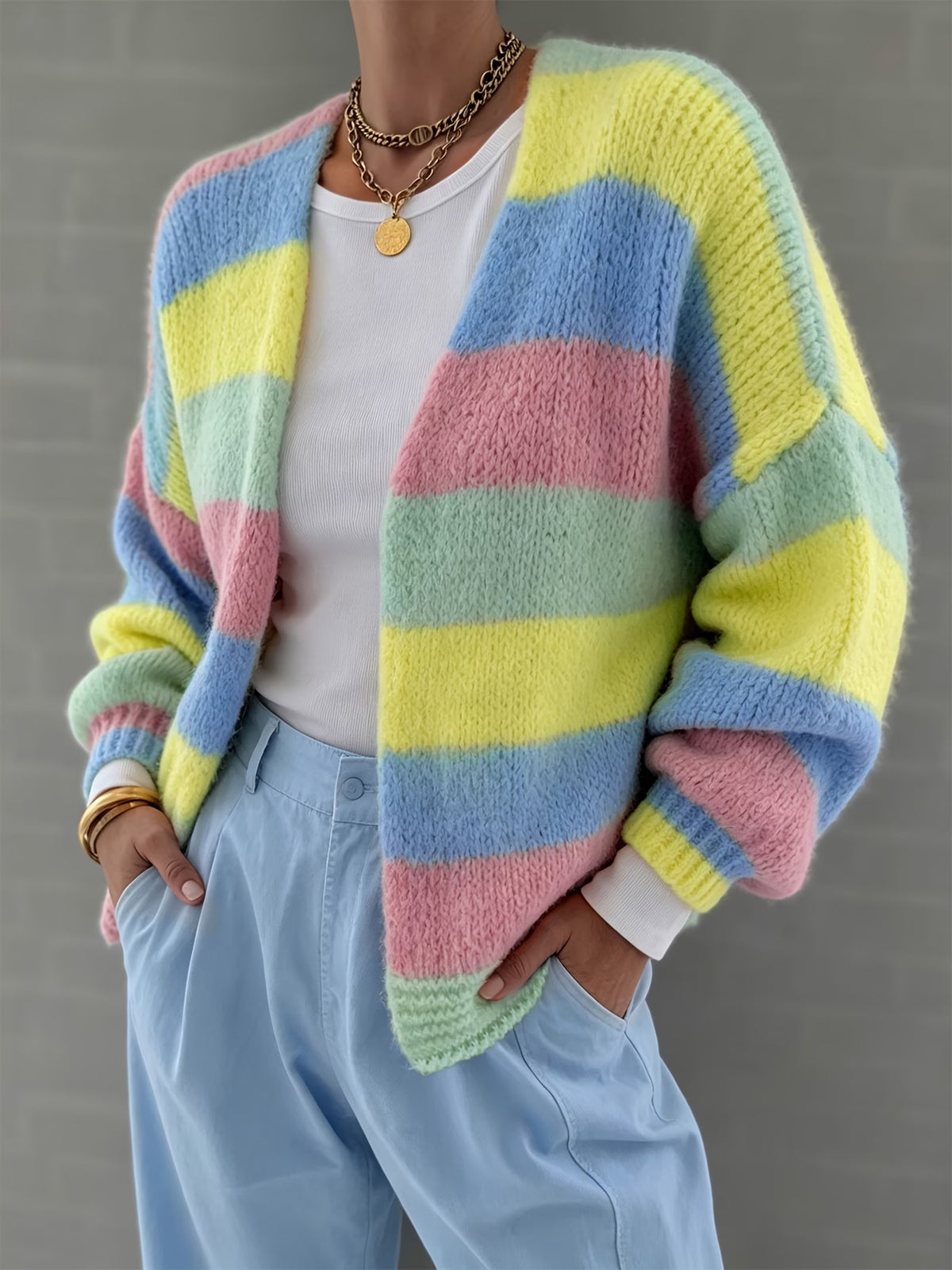 Women's Striped Plush Cropped Cardigan | V-Neck Drop-Shoulder Bubble Sleeve