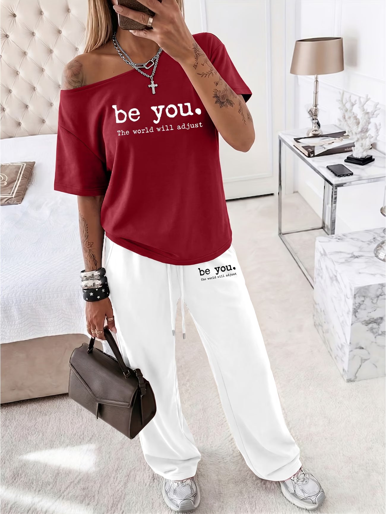 "Be You, The World Will Adjust" Slogan Off-Shoulder Top & Wide Leg Trousers 2-Piece Set