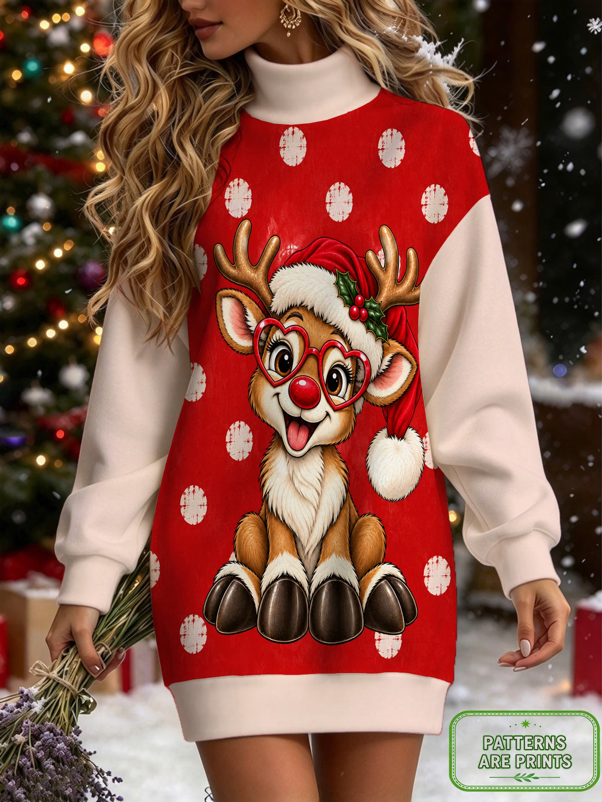 Women's Christmas Reindeer High-Neck Sweatshirt
