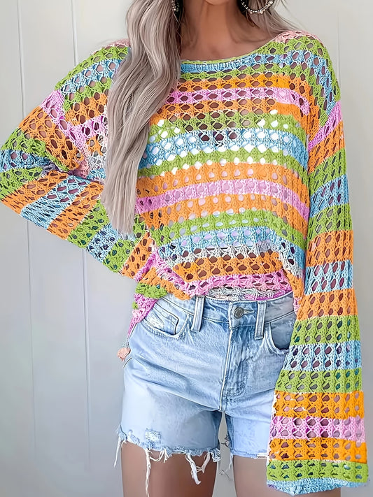 Ladies Hollow Crew Neck Long Sleeve Pullover