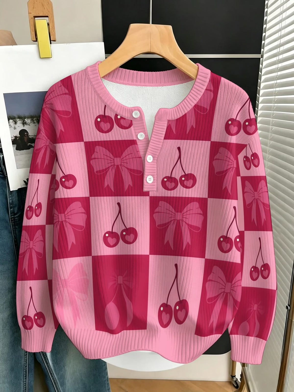 Women's Checkered Bow Print Pullover Sweater