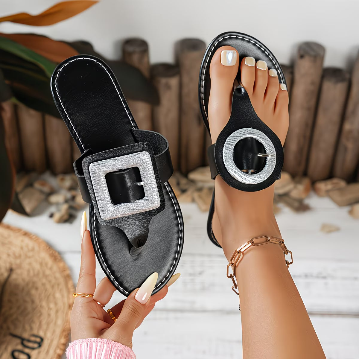 Classic Fashion Clip-Toe Ladies Brown Black Matching Flip-Flops