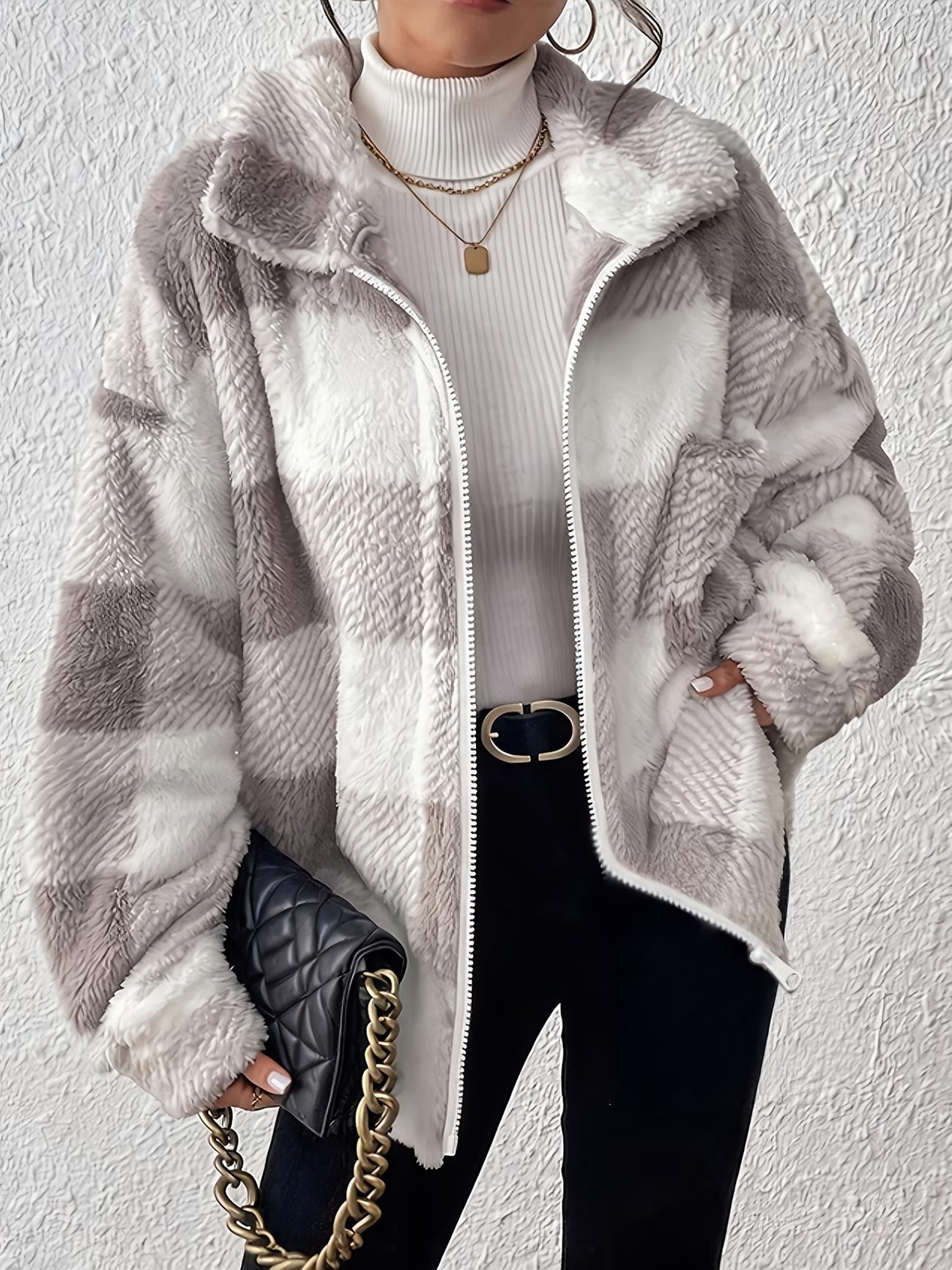 Women's Plush Faux Teddy Jacket – Elegant Collar Plaid Coat with Pockets