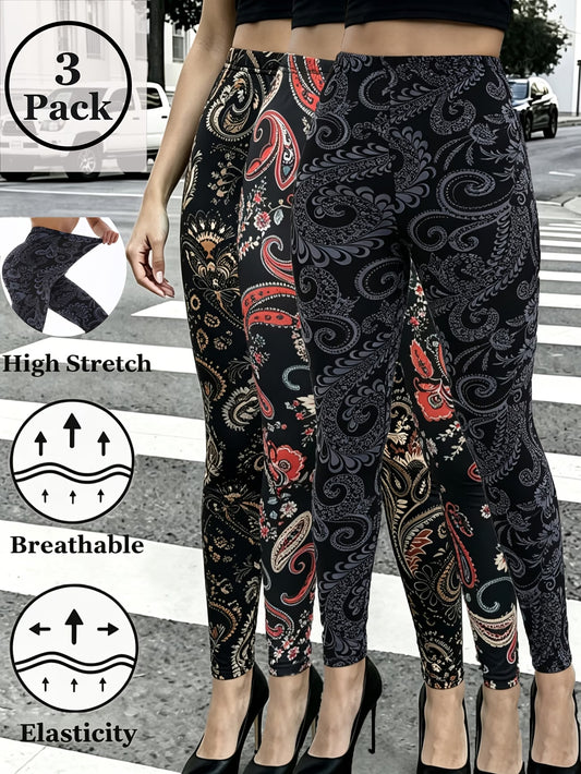 3-Pack High-Waisted Paisley Print Leggings – 4-Way Stretch Ankle Trousers