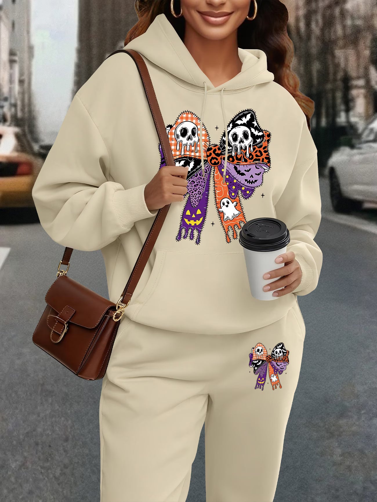 Plus Size Halloween Oversized Hoodie & Sweatpants Set — Creative Bow Print