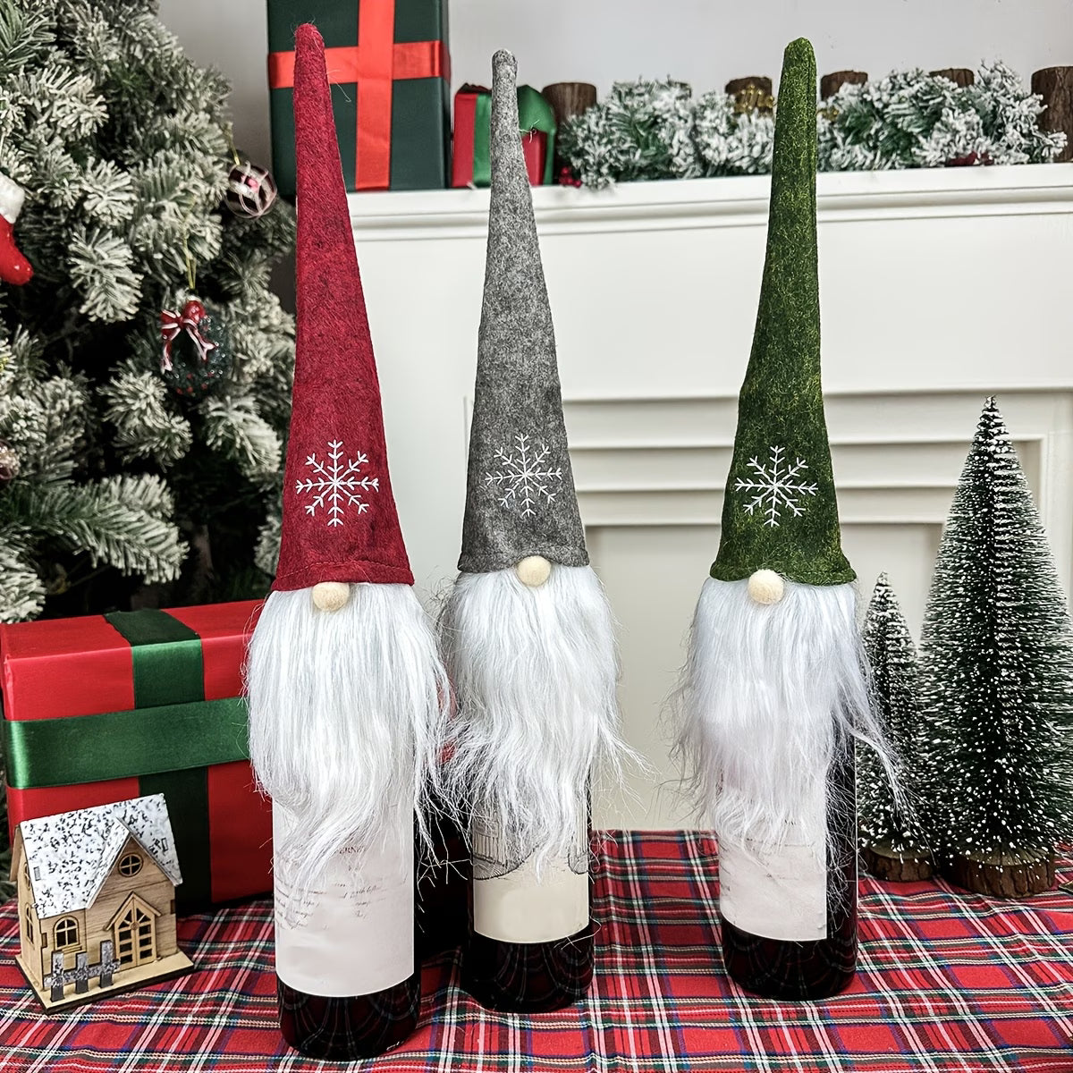 Christmas Wine Bottle Decoration Bags Set of 3 – Stripe & Grid Festive Covers